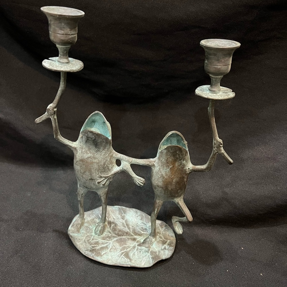 Patina Bronze Green Frog double Candle Holder